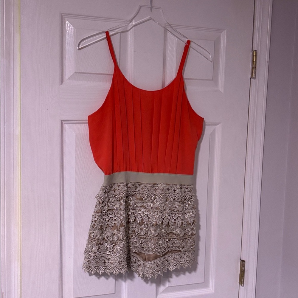 Xtaren… Coral Cami & Beige Crochet Short Romper… Adjustable Straps & Side Zipper